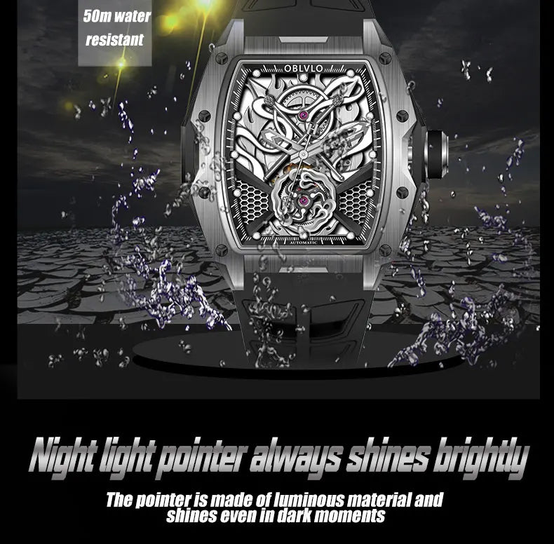 OBLVLO Top Luxury Men's Designer Skeleton Watc Fashion Tonneau Super Luminous Rubber Band Automatic Watches Relojes ZM