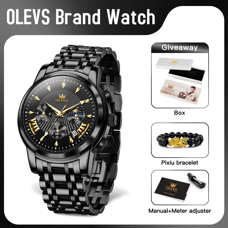 OLEVS 2892 Mens Watch Original Brand Quartz Watch Stainless Steel Moon Phase Watches For Men Chronograph Watch With Box Reloj
