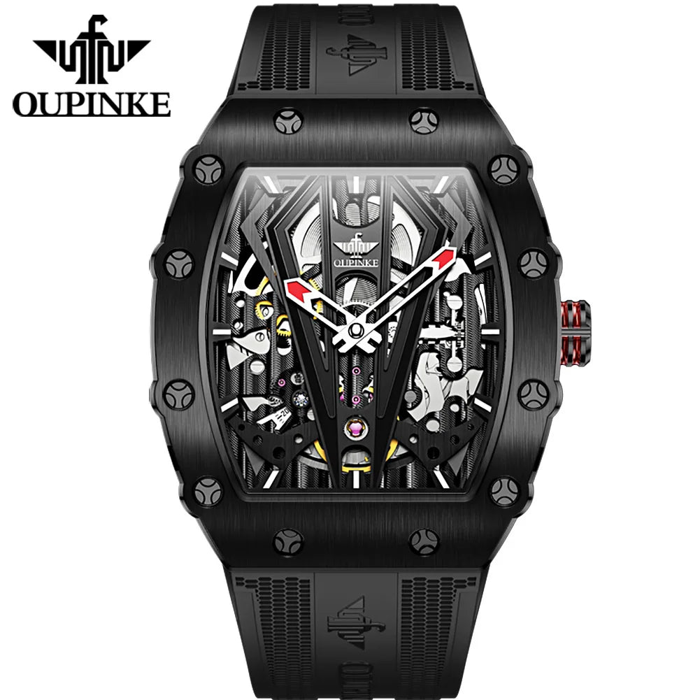 OUPINKE 3179 Men's Watches Top Brand Skeleton Tonneau Automatic Mechanical Luxury Original Watch for Men 5m Waterproof Man Watch