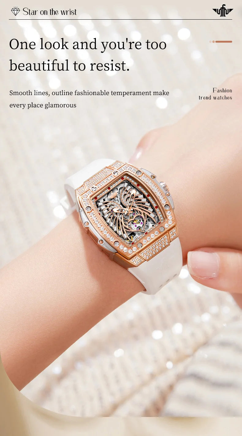 OUPINKE Women's Watches Luxury Fashion Love Diamond Dial Original Automatic Mechanical Watch for Ladies Waterproof Sapphire