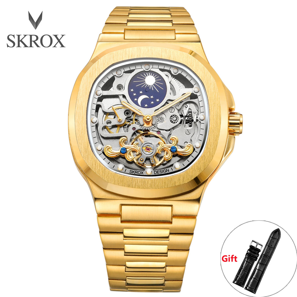 2025 High-end Luxury SKROX Square Man Watch Sapphire Stainless Steel Skeleton Moon Phase Classic Automatic Movement Male Watches