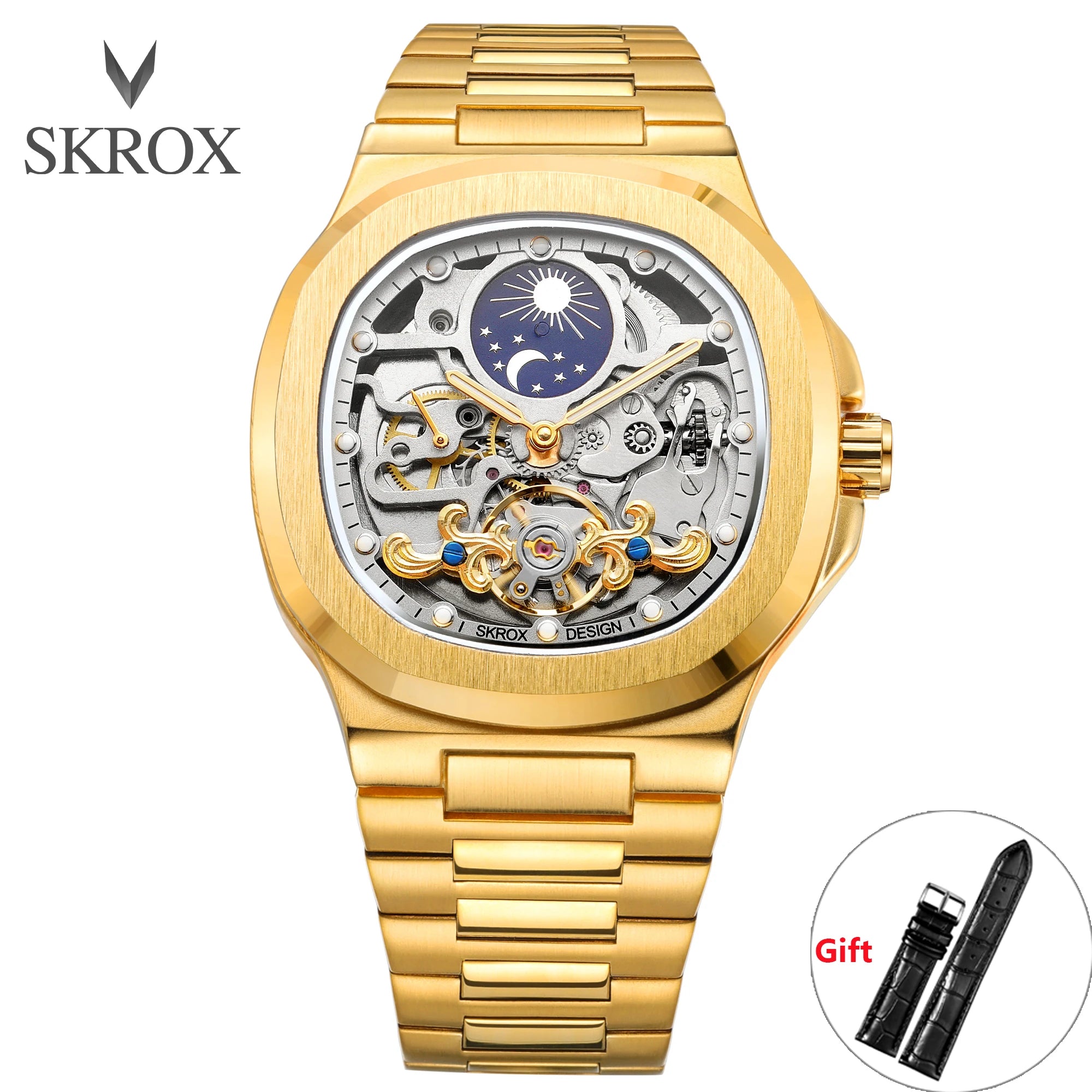 2025 High-end Luxury SKROX Square Man Watch Sapphire Stainless Steel Skeleton Moon Phase Classic Automatic Movement Male Watches