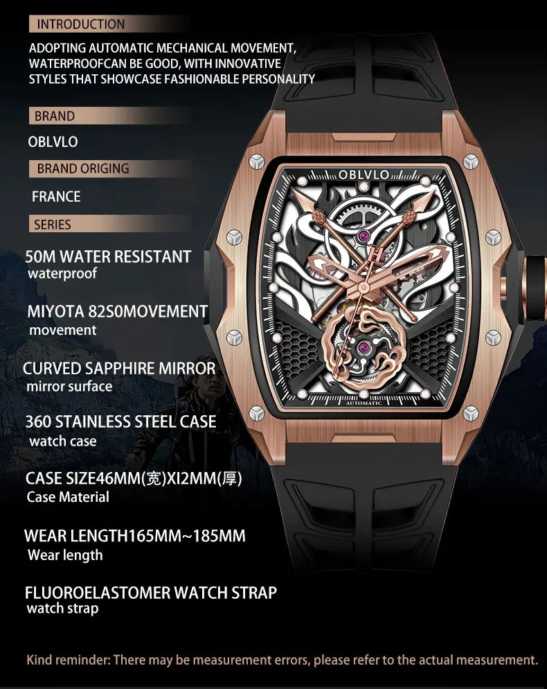 OBLVLO Top Luxury Men's Designer Skeleton Watc Fashion Tonneau Super Luminous Rubber Band Automatic Watches Relojes ZM