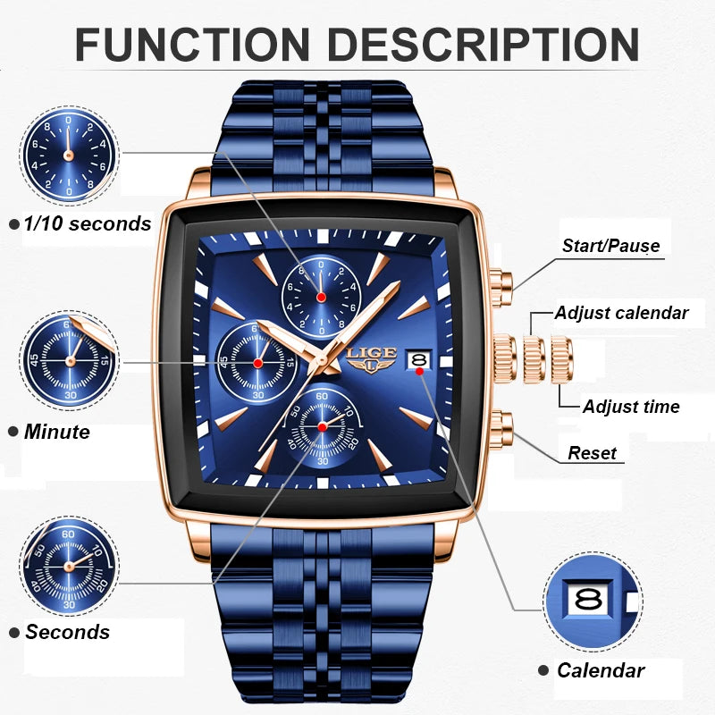 LIGE Top Brand Luxury Mens Watches Fashion Military Square Chronograph Quartz Wristwatches For Men Sports Waterproof Watch Men