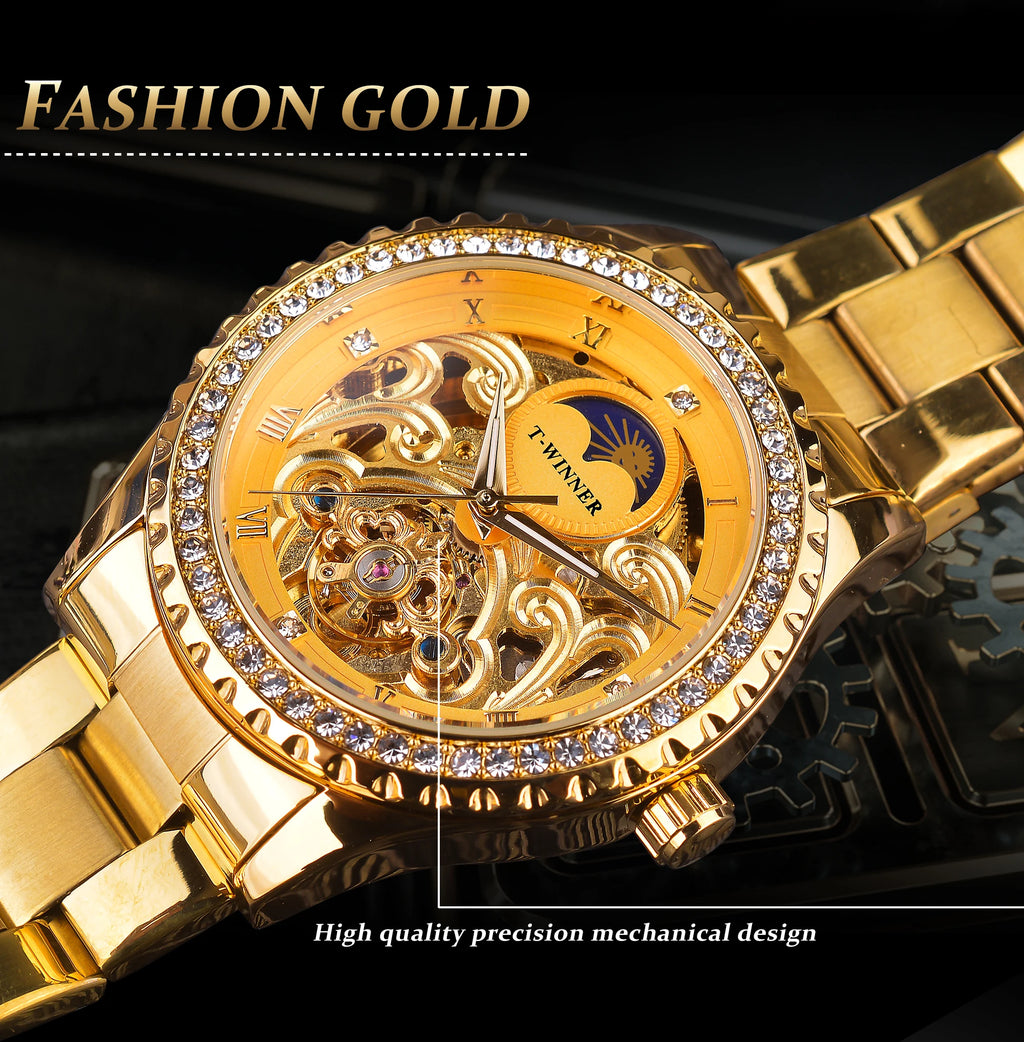 Winner Brand Golden Moon Phase Design Luxury Retro Style Diamond Full Stainless Steel Skeleton Tourbillon Men Automatic Watches