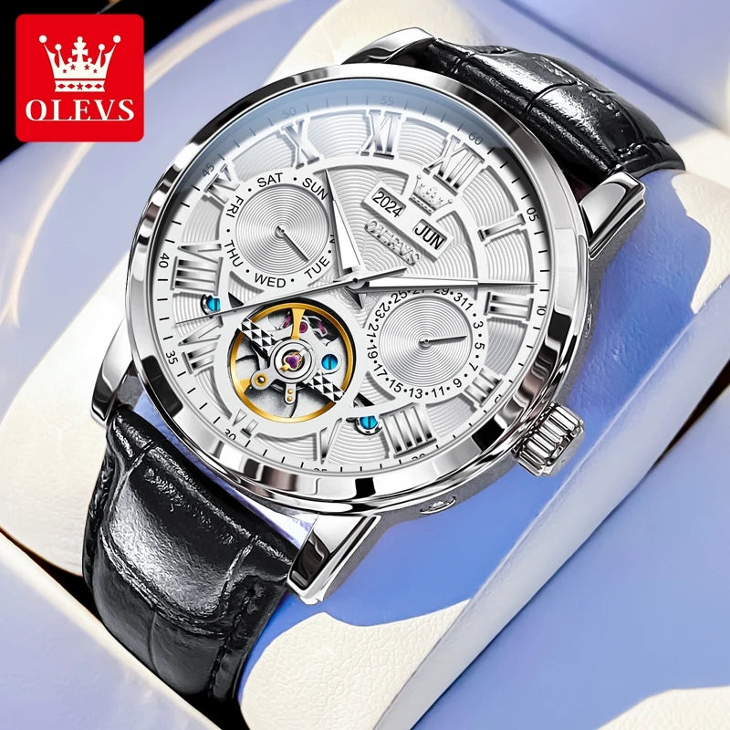 OLEVS 6668 Luxury Skeleton Automatic Mechanical Men Watch Top Brand Movement Roman Scale Calendar Waterproof Business Men Watch