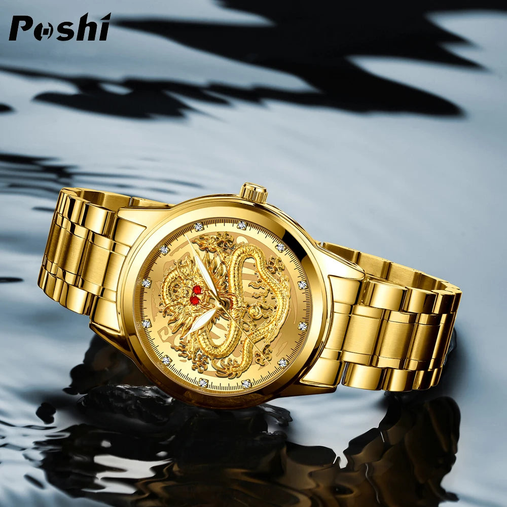 POSHI Stainless Steel Fashion Quartz Watch Gold Dragon Men's Watches Luxury Original Design Waterproof Quartz Movement Clock