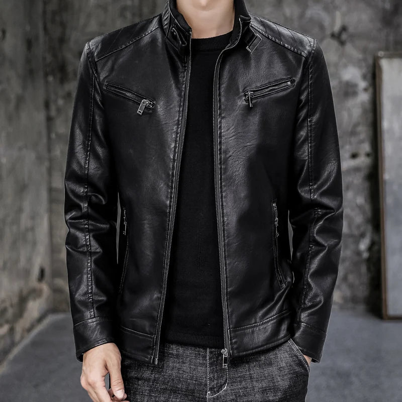 Male Leather Jackets Men Zipper Long Sleeve Fashion Brand Leather Jackets Short Cool Spring Autumn Biker Men Plus Size Jacket