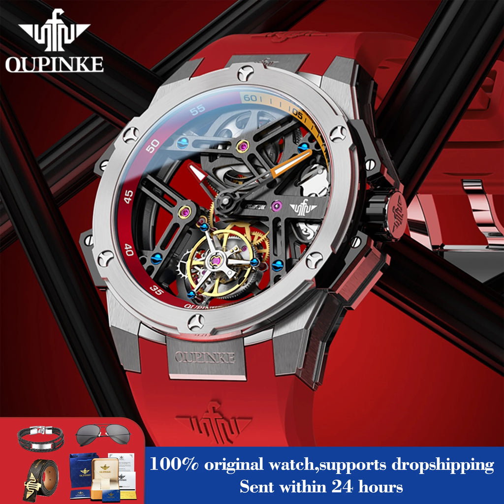 OUPINKE 8003 Men's Watch 45mm Big Dial Fashion Hollow Automatic Watch For Men Waterproof Luxury Tourbillon Mechanical Hand Clock