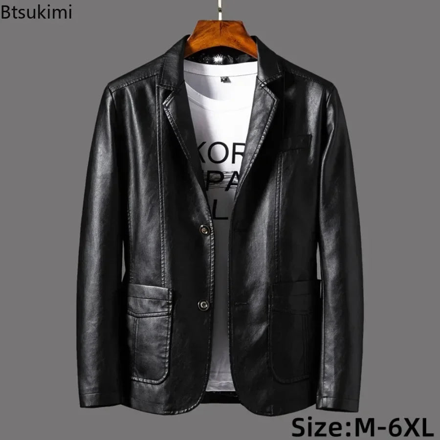 2025 Men's Leather Jackets Lapel Business Leather Jackets Men Pu Blazers Korean Style Slim Fashion Leather Coat Plus Size M-6XL