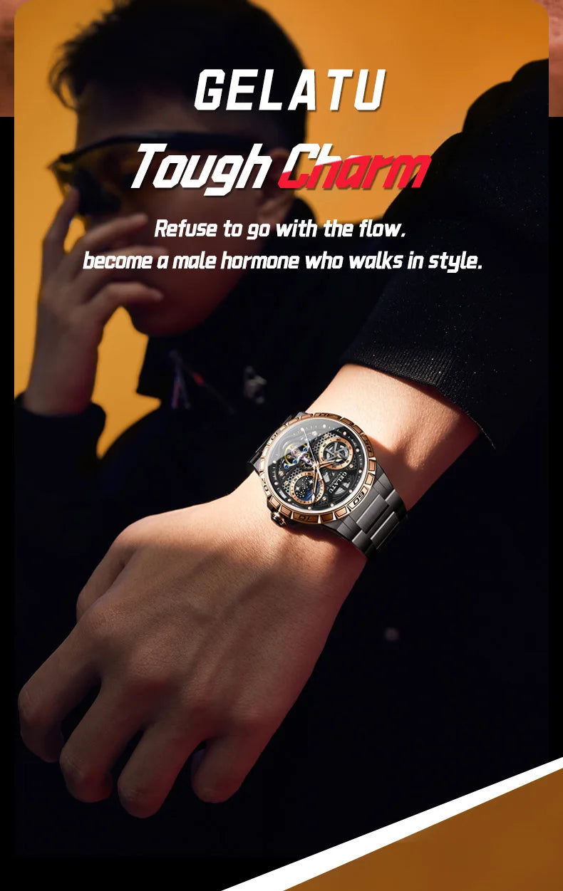 GELATU 6020 Trend Men's Watches Multifunctional Automatic Mechanical Watch for Men Flywheel Hollow out Moon Phase Wristwatch Man