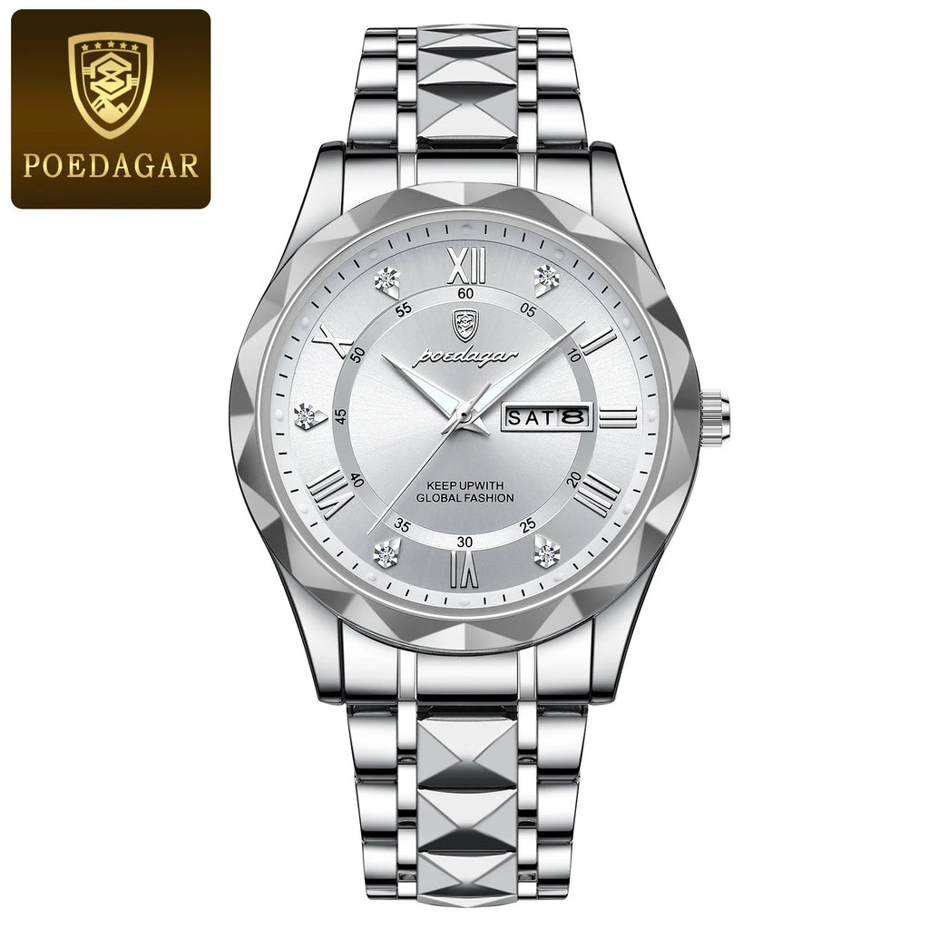 POEDAGAR Luxury Business Men's Watches Waterproof Stainless Steel Luminous Man Wristwatch Date Week Quartz Sport Men Watch Reloj