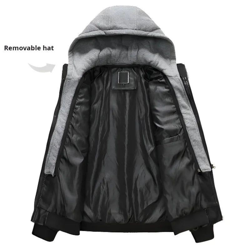 Men Leather Jacket Warm Autumn Winter Windbreaker Overcoat PU Biker Jacket Coat With Hood Fashion Casual Jacket Male Clothes