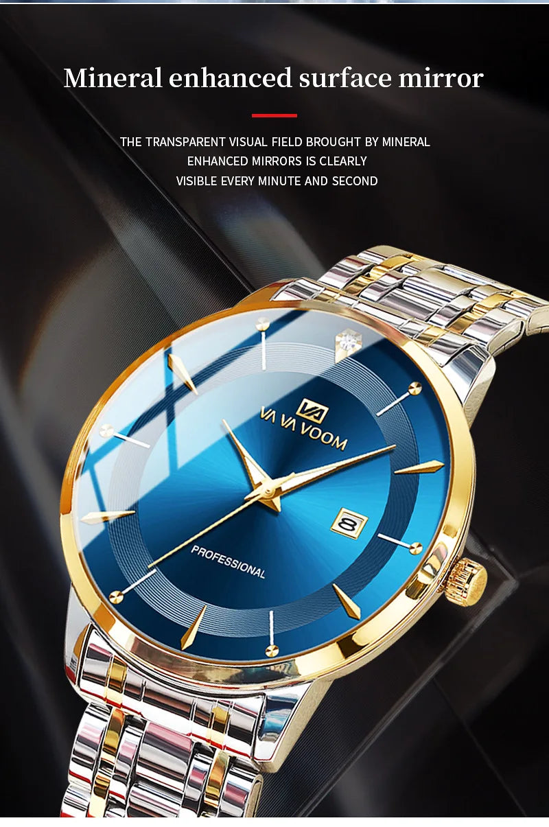 VA VA VOOM Fashion Men's Watches Waterproof Stainless Steel Business Simple Night Light Date Top Brand Quartz Watch for Men