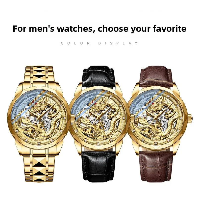 Men's Automatic Mechanical Watch Night Glow Waterproof Relief New Fashion Business Leather Steel Band Luxury Timepiece