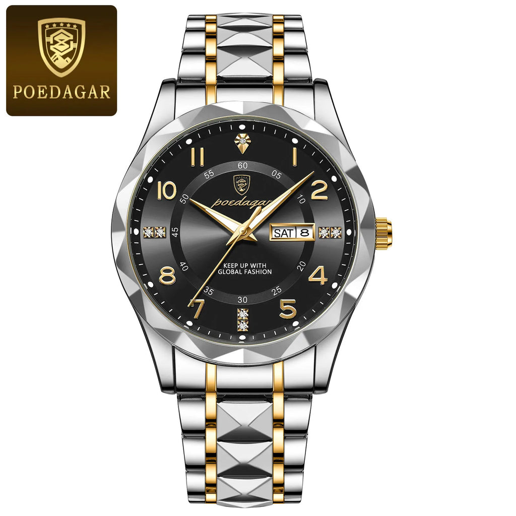 POEDAGAR Luxury Men Watch Waterproof Date Week Luminous Fashion Wristwatch Stainless Steel Quartz Sport Men's Watches Male Reloj