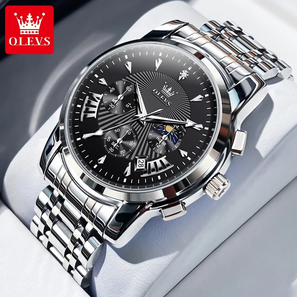 OLEVS 2892 Mens Watch Original Brand Quartz Watch Stainless Steel Moon Phase Watches For Men Chronograph Watch With Box Reloj