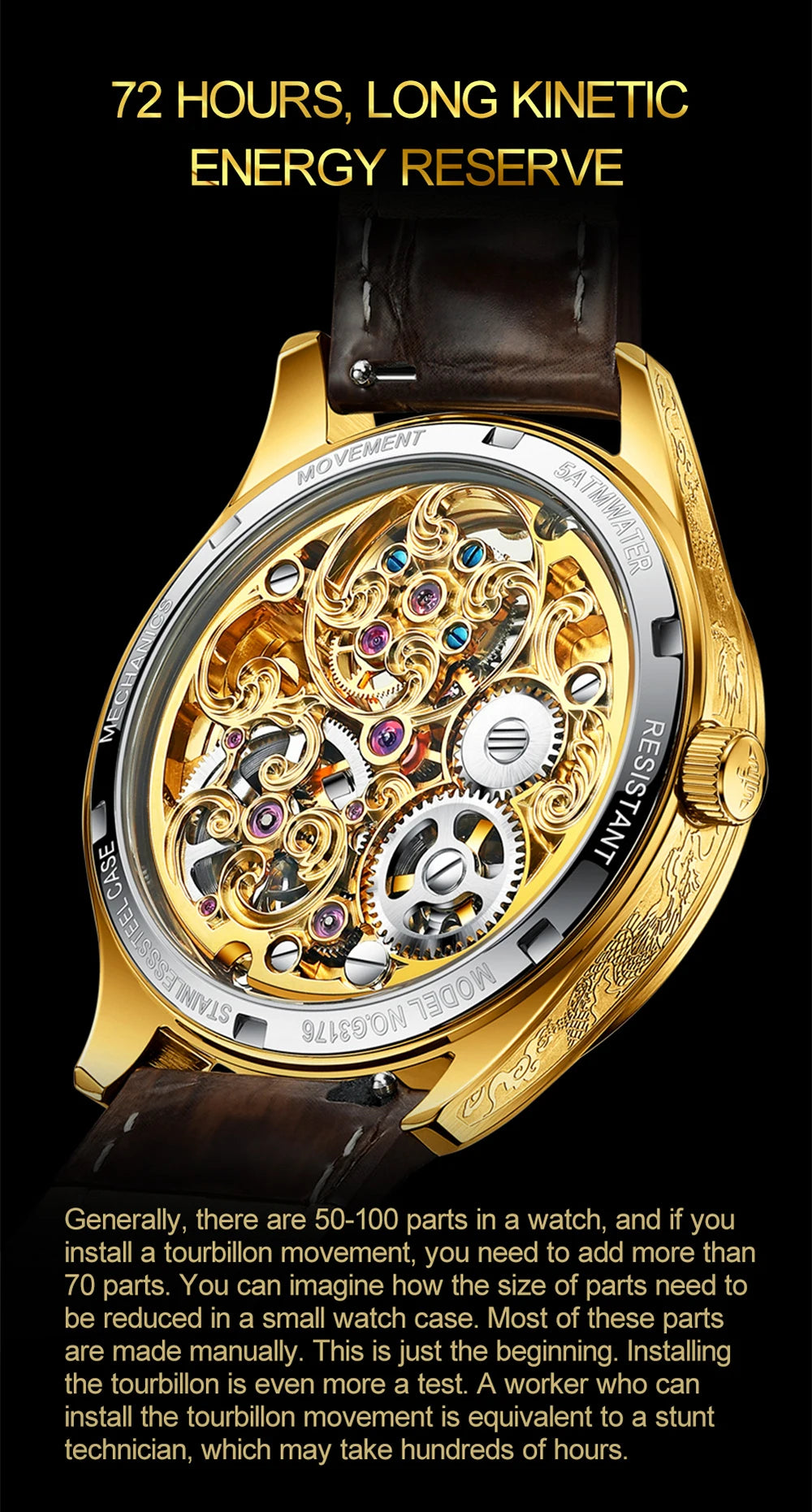 OUPINKE Tourbillon Mens Watch Luxury Automatic Mechanical Watches Skeleton Hollow Dragon Wristwatch Men