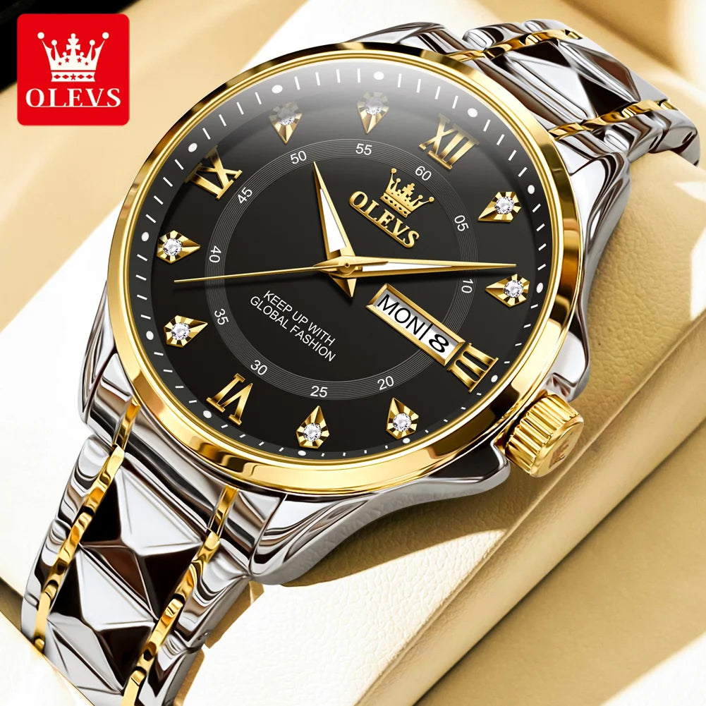 OLEVS High Quality Luxury Watches for Men Stainless Steel Dual Calendar Luminous Waterproof Quartz Fashion Business Man Watch