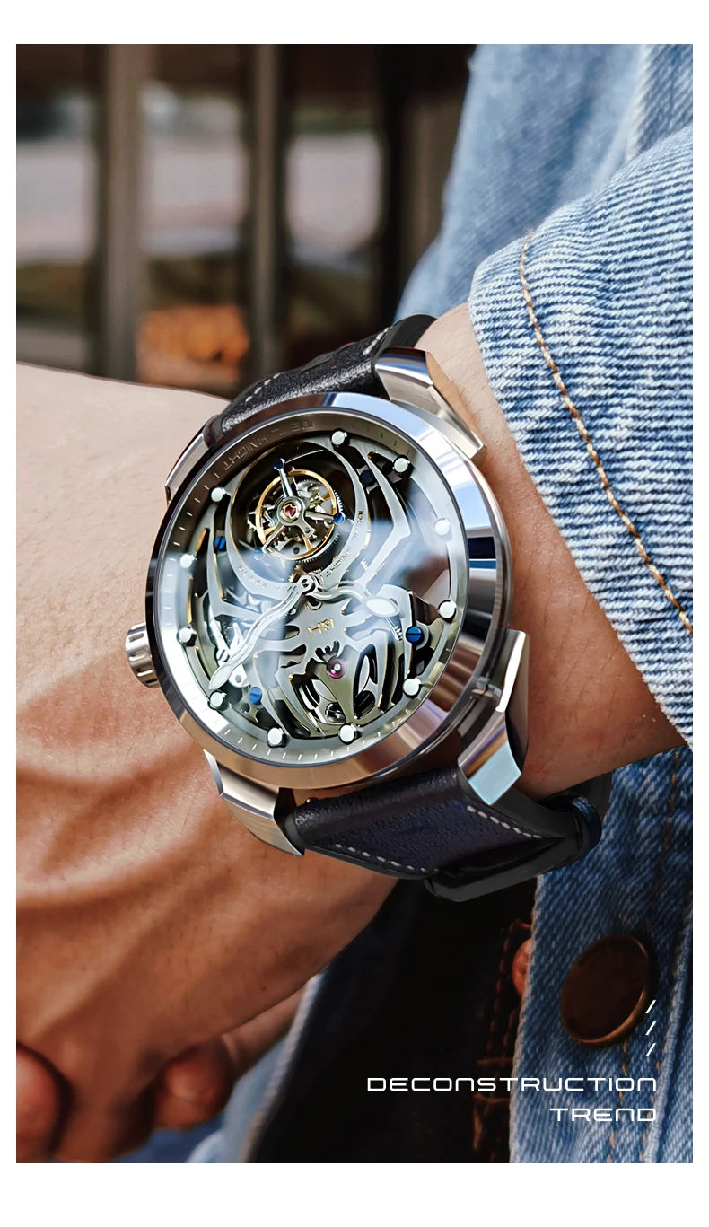 IDEAL KNIGHT 6802 Automatic Watch For Men Hollow Skeleton Mechanical Wristwatch Waterproof Tourbillon Man Watch Sapphire Mirror