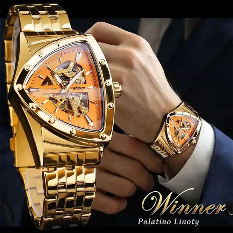 WINNER 395S Stainless Steel Top Brand Waterproof Triangle Skeleton Hollow Mechanical Sports Men's Automatic Watch reloj hombre