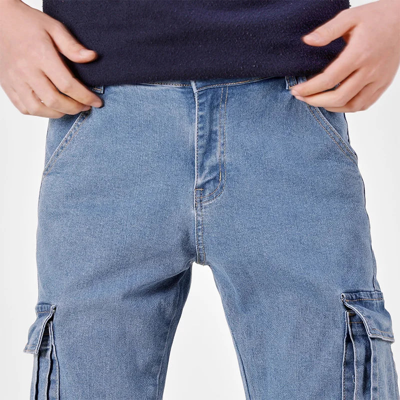 Men's Street Style Elastic Waist Denim Cargo Pants Solid Color Washed Slim Fit Casual Jeans with Multiple Pockets for Daily Wear