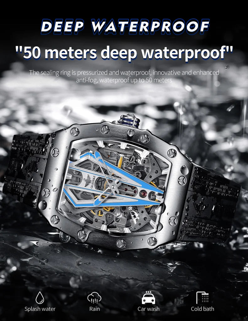 OUPINKE 3179 Men's Watches Top Brand Skeleton Tonneau Automatic Mechanical Luxury Original Watch for Men 5m Waterproof Man Watch