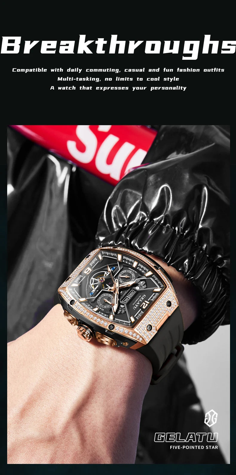 GELATU 6016 Skeleton Flywheel Automatic Men Watch Original Waterproof Silicone Strap Luxury Brand Diamond Men Mechanical Watch