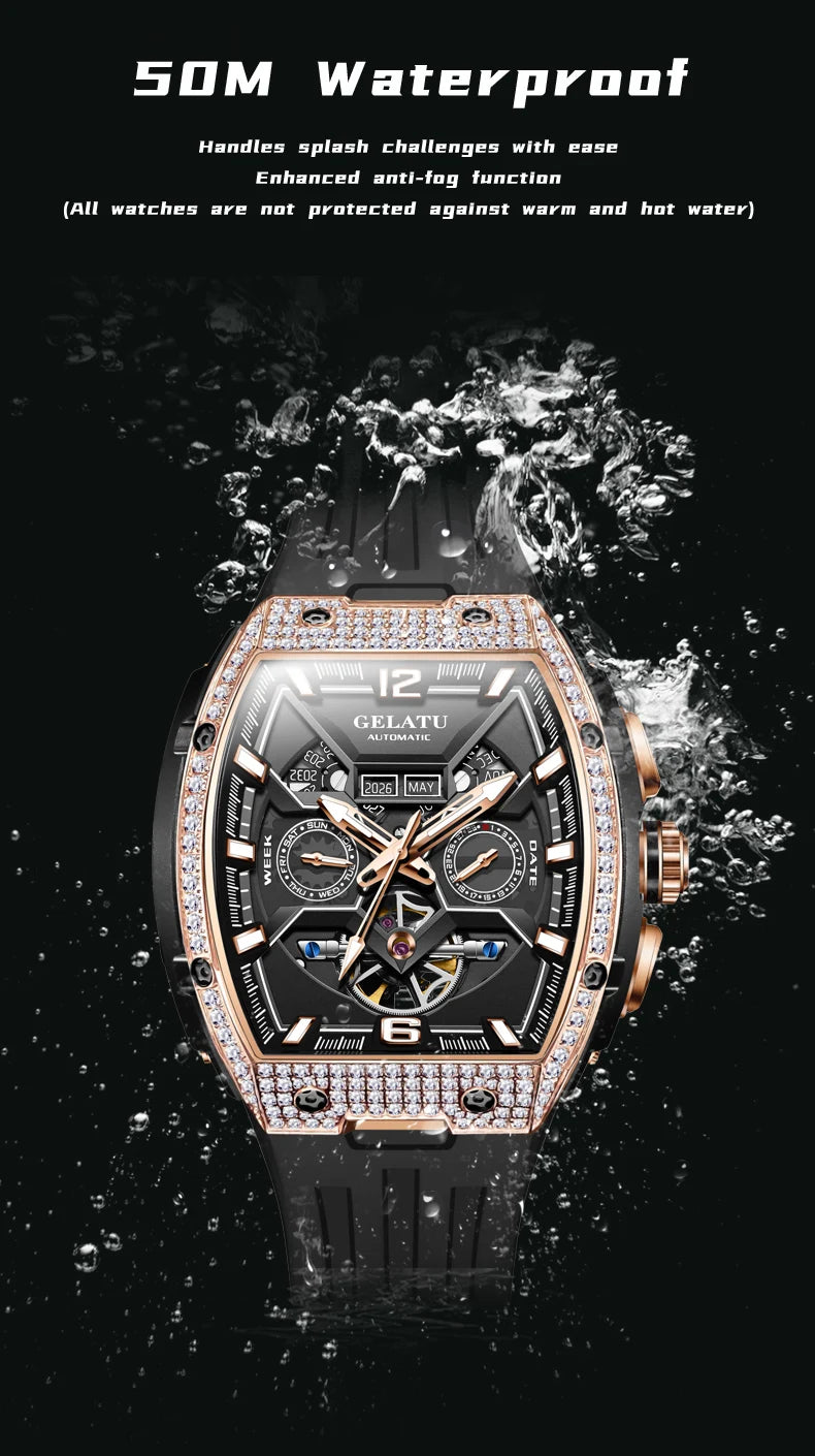 GELATU 6016 Skeleton Flywheel Automatic Men Watch Original Waterproof Silicone Strap Luxury Brand Diamond Men Mechanical Watch