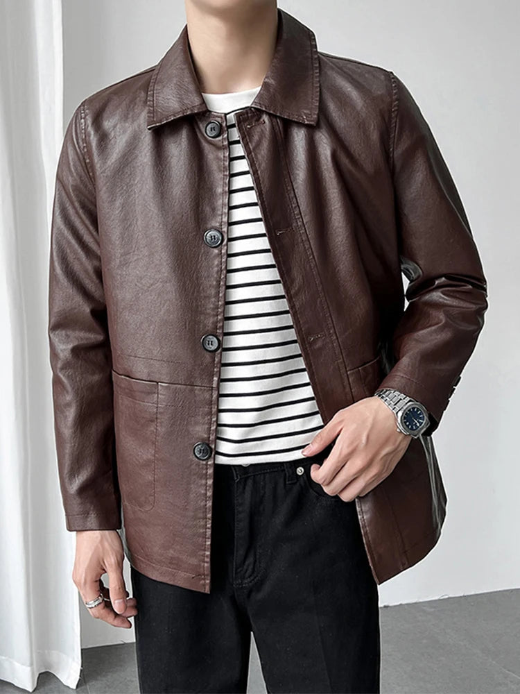 Mens Motorcycle Jacket PU Leather Coat Mid-Long Length with Notched Lapel Collar for Spring Autumn Casual Wear Windbreaker