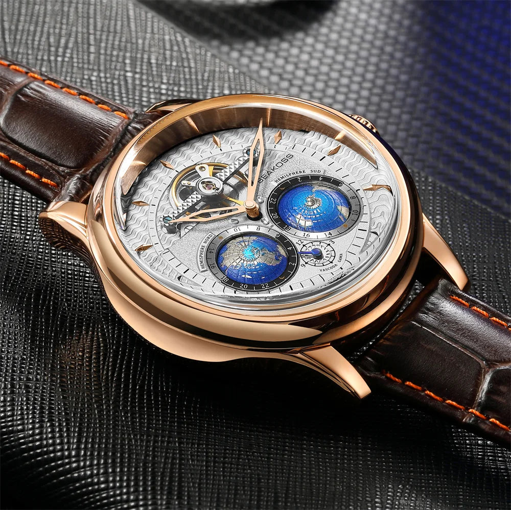 SEAKOSS Luxury Double Earth Rotating Men's Mechanical Watch Automatic Movement Waterproof Clock Pilots Men 1963 Flywheel Watches