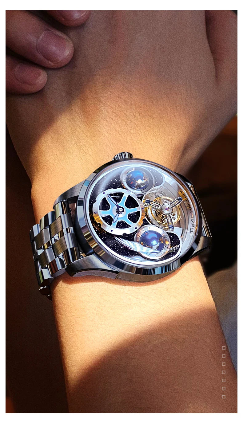 IDEAL KNIGHT Top Brand Luxruy Mens Watch Advanced Tourbillon Automatic Mechanical Watch Waterproof Luminous Dual Region Time