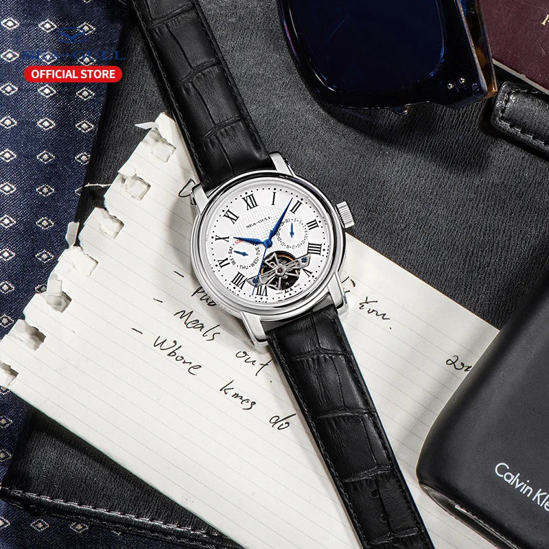 Seagull Men's Watch Automatic Mechanical Wristwatch Multi-Function Hollow Flywheel Business Calendar Weekly Calendar Watches