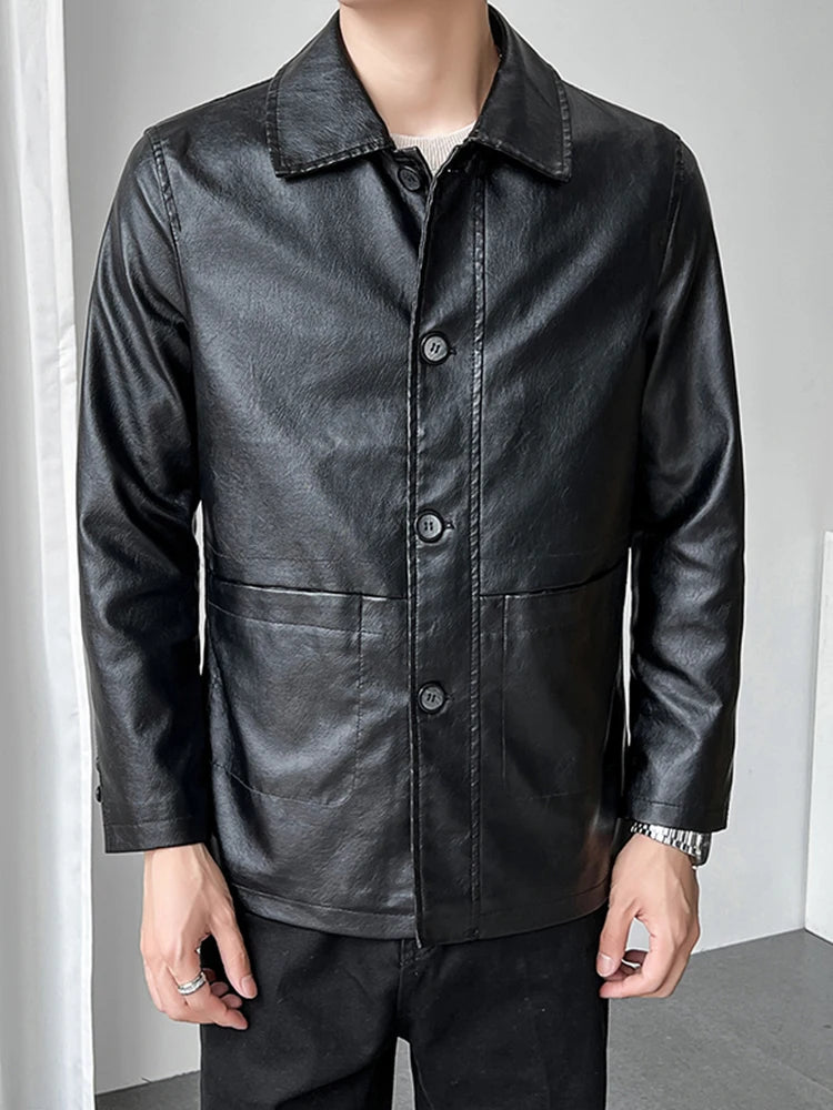 Mens Motorcycle Jacket PU Leather Coat Mid-Long Length with Notched Lapel Collar for Spring Autumn Casual Wear Windbreaker