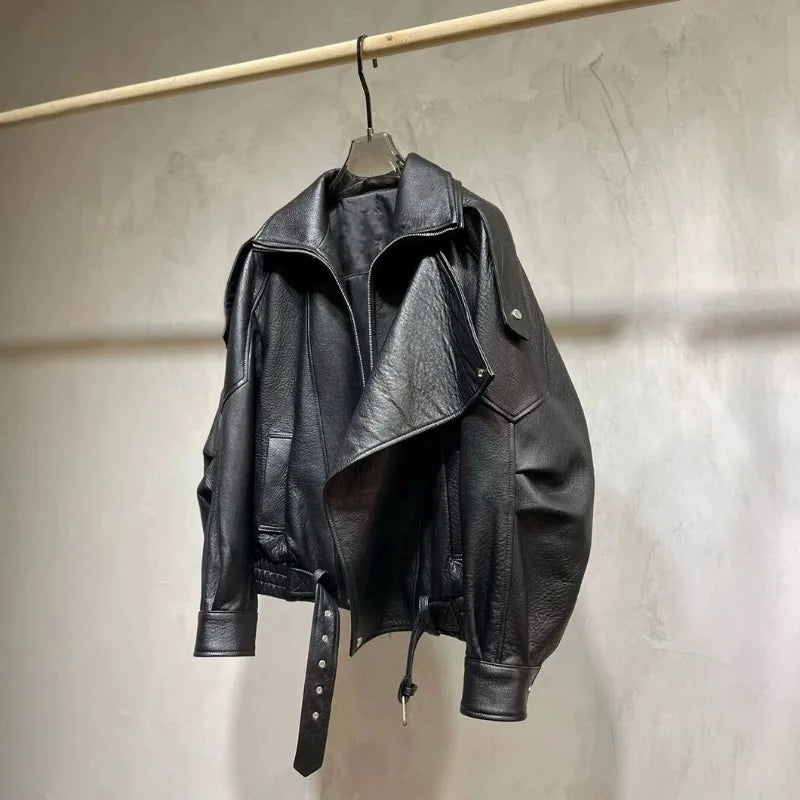 Lamb Soaked Leather Motorcycle Jacket Loose PU Leather Jacket Oversize2025 New High-end Simple Early Autumn Jacket