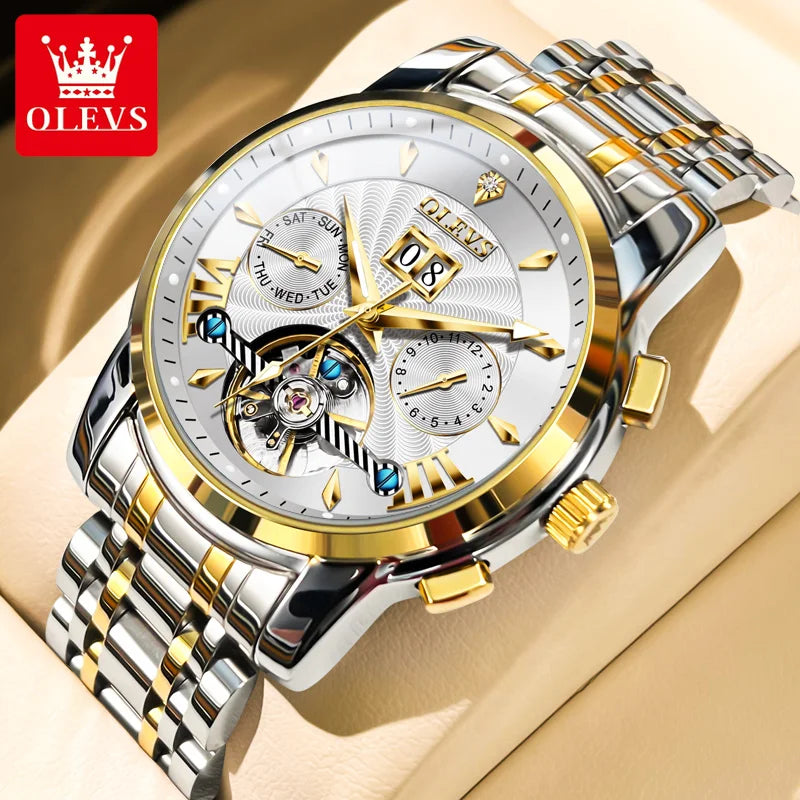 OLEVS Luxury Top Brand Watch for Men Automatic Mechanical Watches Waterproof Stainless Steel Skeleton Design Man Wristwatch