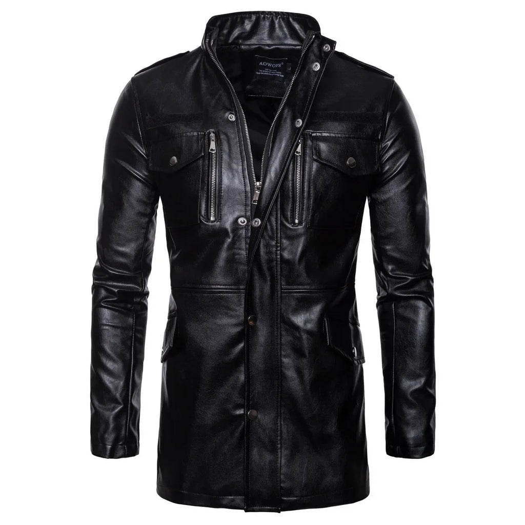 Autumn New Mid-length Leather Jacket Stand-up Collar Four-pocket Biker Leather Jacket for Men