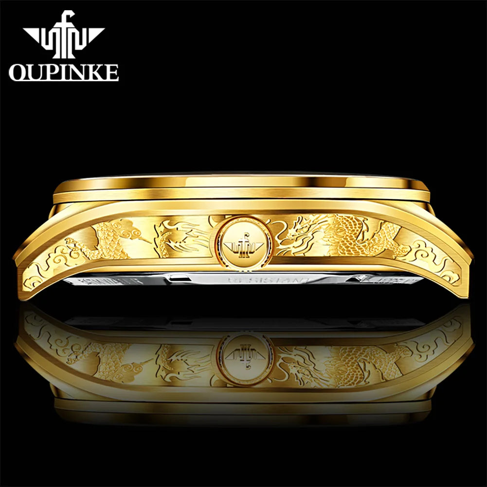 OUPINKE 3176 Mens Watch Luxury Top Brand Skeleton Flywheel Automatic Mechanical Watch 50M Waterproof Watch Gold Dragon Dial