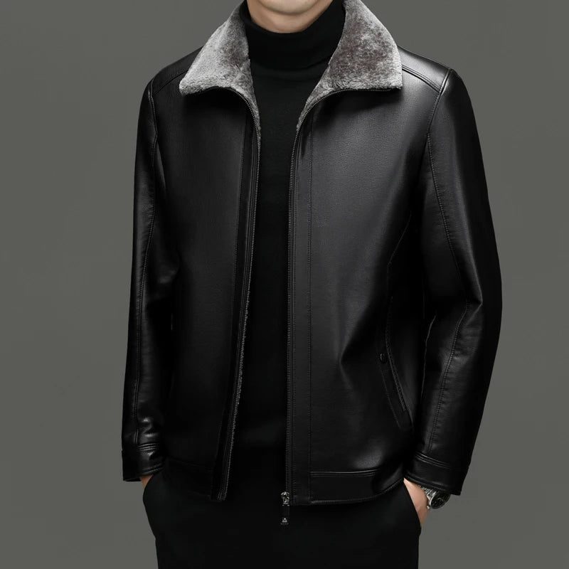 Leather Jacket Men's Winter Luxury Clothing Fur One-piece Thickened Biker Leather Jacket Men's Business Casual Warm Leather Coat