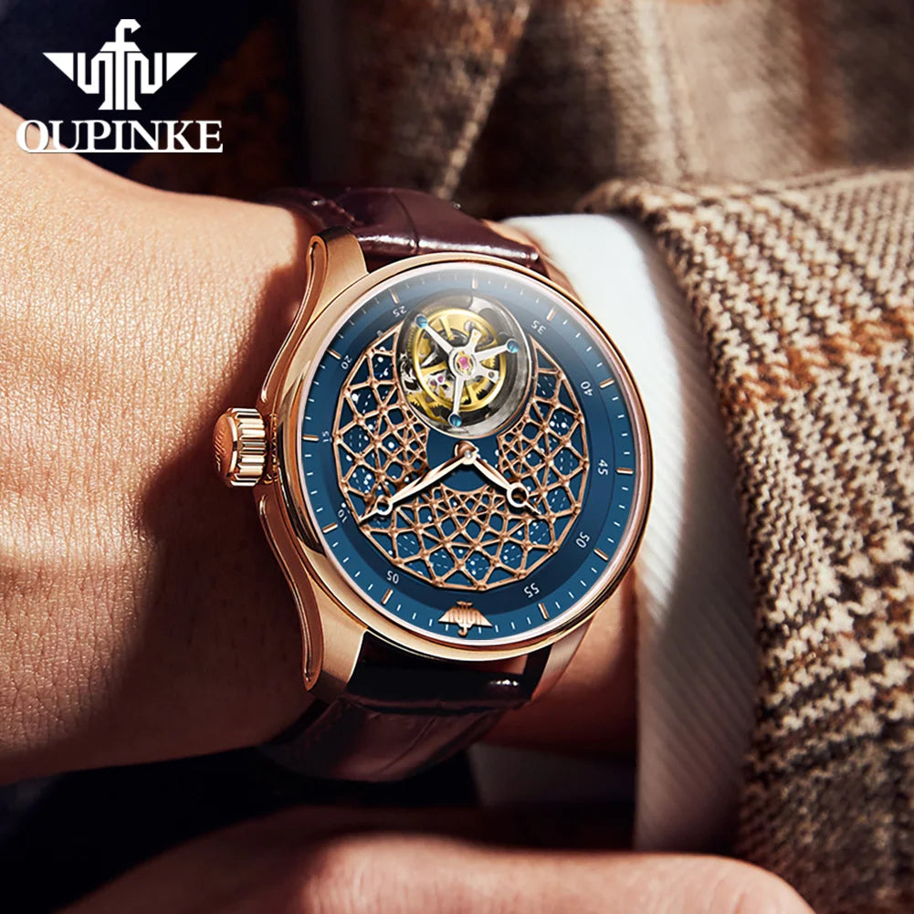 OUPINKE 8002 Watch Man Hollow Deep Waterproof Tourbillon Mechanical Watch For Men Synthetic Sapphire Mirror Fashion Hand Clock