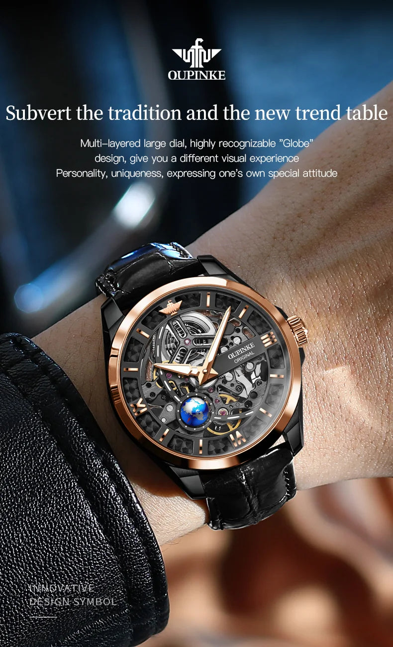 OUPINKE 3268 Man Automatic Watch Top Brand Hollow Deep Waterproof Mechanical Watch For Men Luxury Original Leather Wristwatch