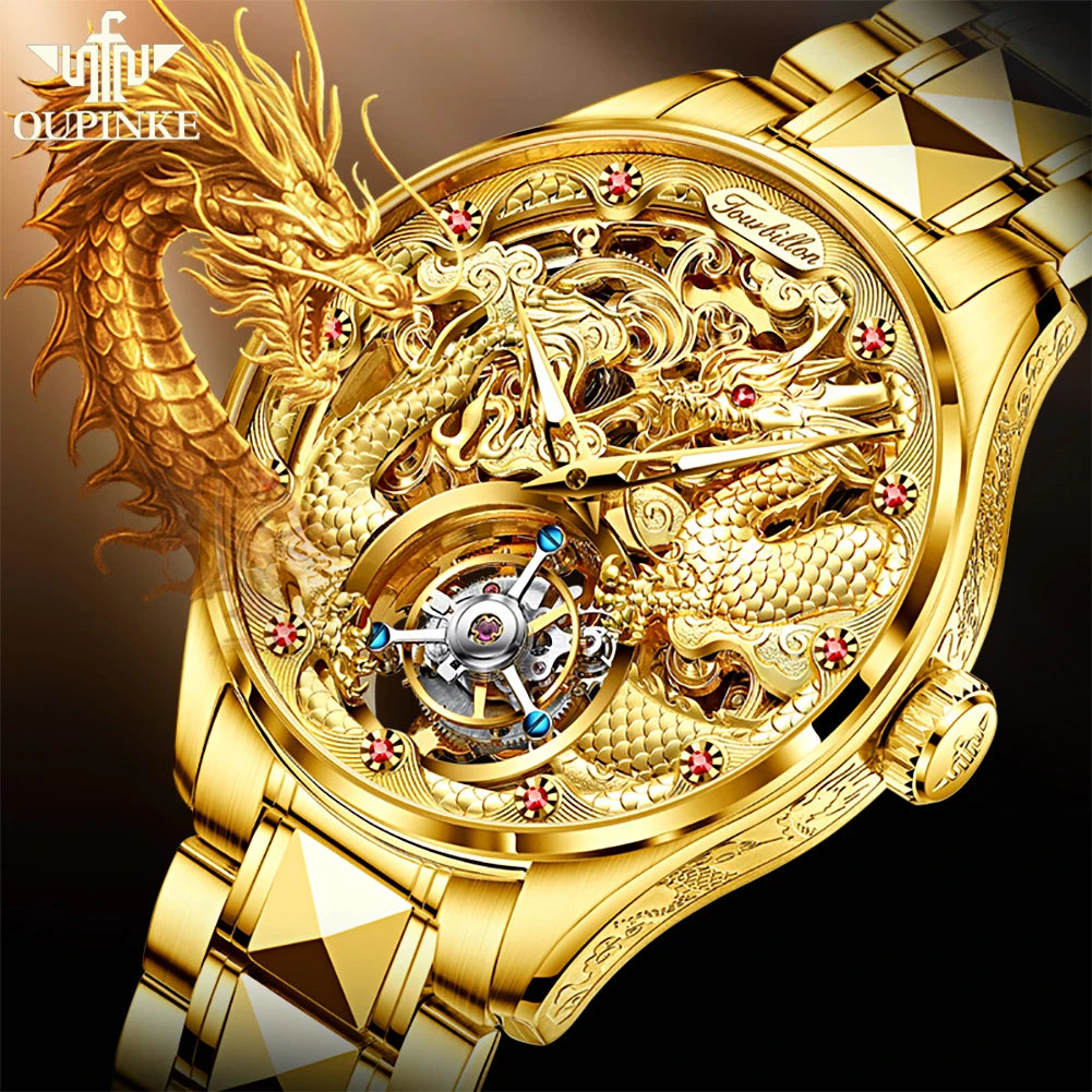 OUPINKE Tourbillon Mens Watch Luxury Automatic Mechanical Watches Skeleton Hollow Dragon Wristwatch Men