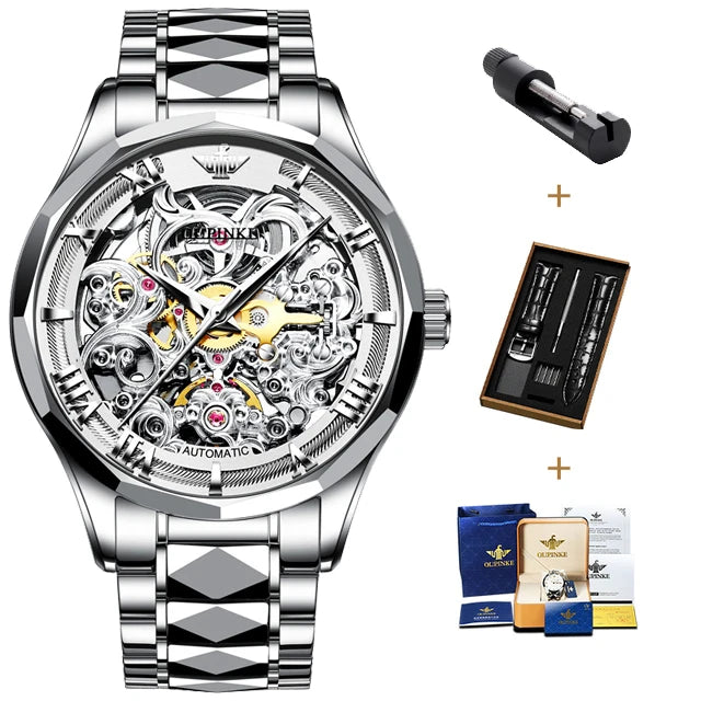 OUPINKE Watches Men Skeleton Automatic Mechanical Wristwatch Luxury Top Brand Sapphire Mirror Tungsten Steel Hollow Montre Homme