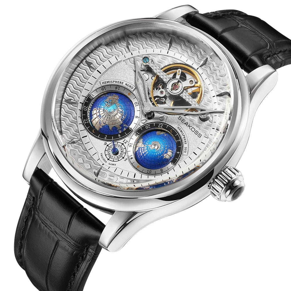 SEAKOSS Luxury Double Earth Rotating Men's Mechanical Watch Automatic Movement Waterproof Clock Pilots Men 1963 Flywheel Watches