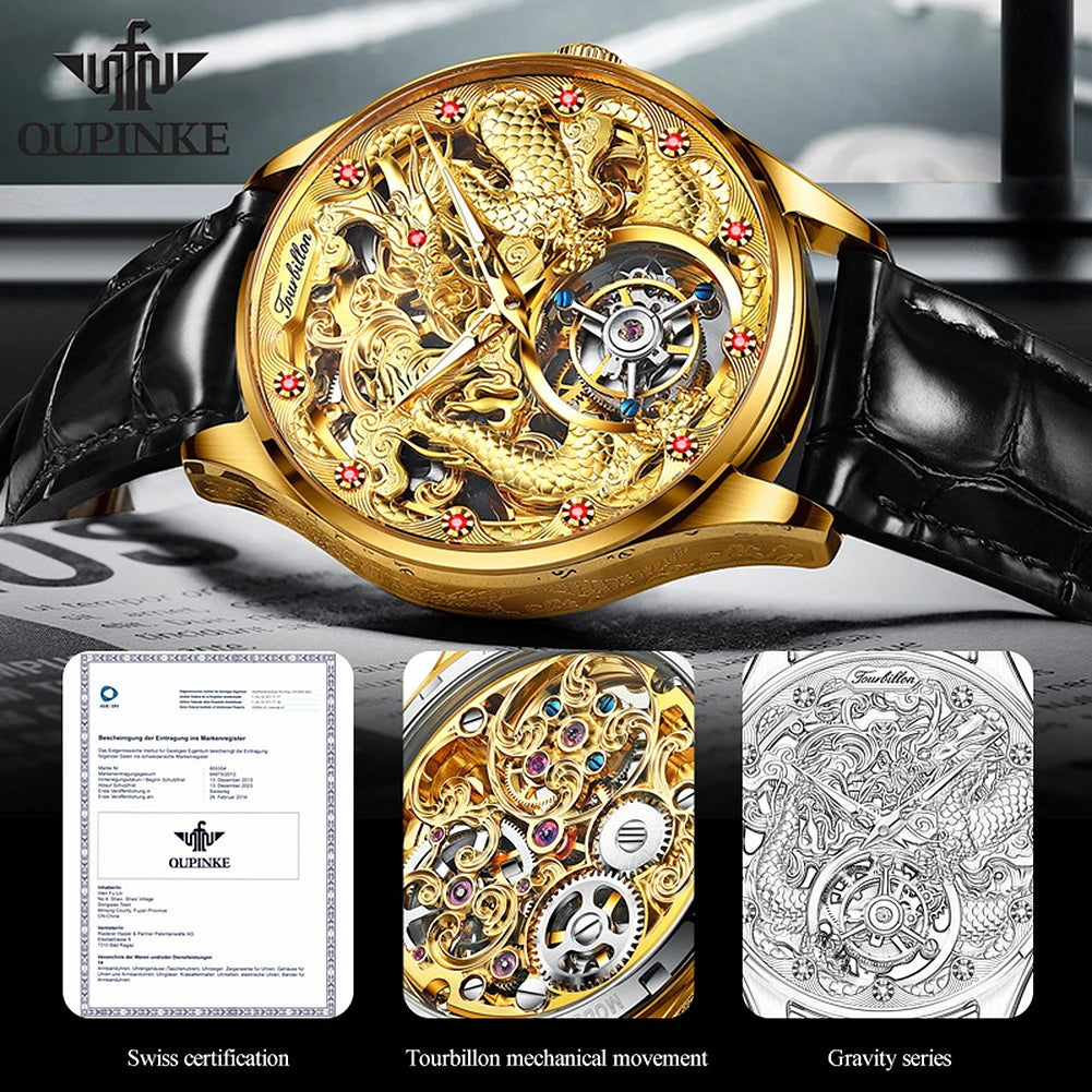 OUPINKE Tourbillon Mens Watch Luxury Automatic Mechanical Watches Skeleton Hollow Dragon Wristwatch Men