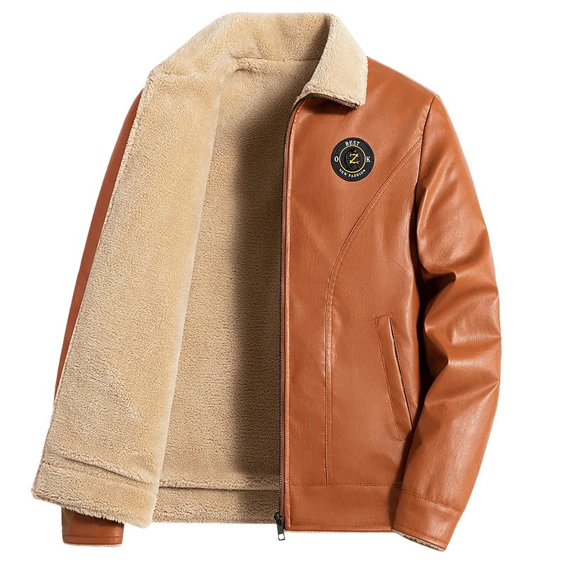 Men's Jackets Faux Leather with Fur Turn-down Collar Embroidered Brand Windproof Warm Coat Outwear