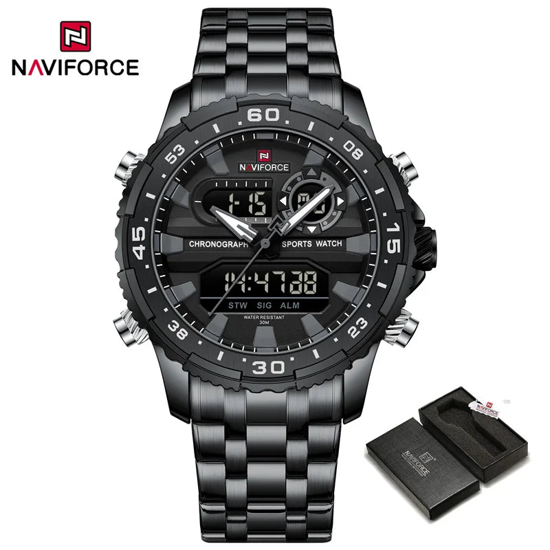 NAVIFORCE Men's Watch Luxury Waterproof Sports Chronograph Quartz Steel Band Wristwatch Digital Date and Week Display Male Clock