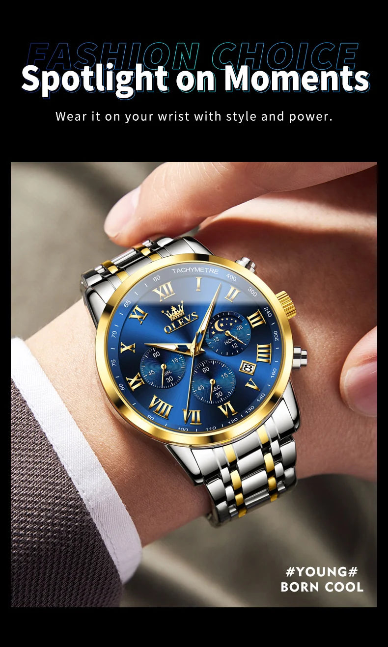 OLEVS 5529 Luxury Quartz Watch For Men Roman Scale Moon Phase Chronograph Man Watches Waterproof Luminous Calendar Wrist Watch