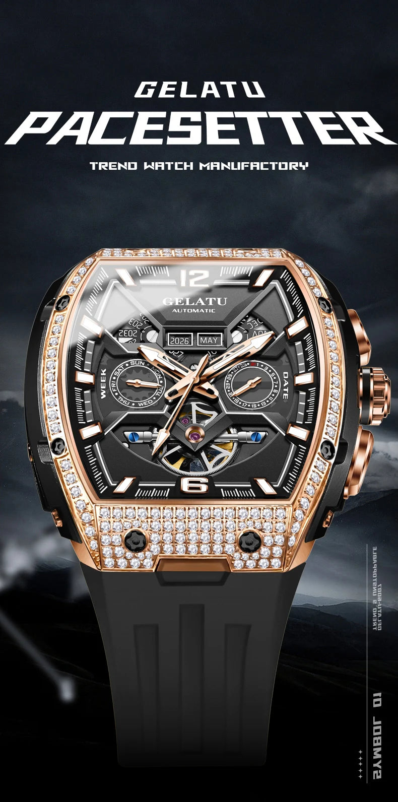 GELATU 6016 Skeleton Flywheel Automatic Men Watch Original Waterproof Silicone Strap Luxury Brand Diamond Men Mechanical Watch