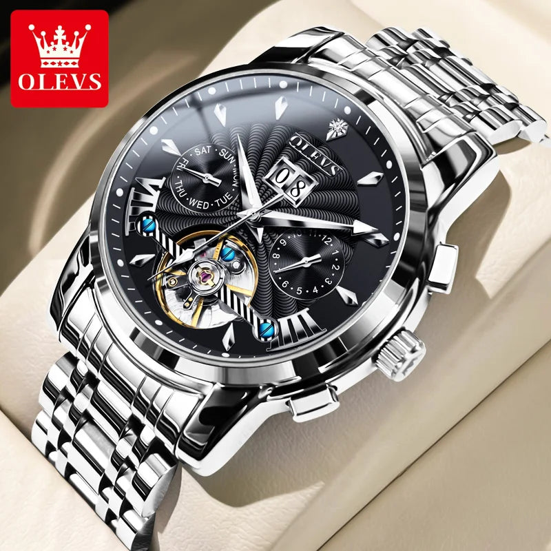OLEVS Luxury Top Brand Watch for Men Automatic Mechanical Watches Waterproof Stainless Steel Skeleton Design Man Wristwatch